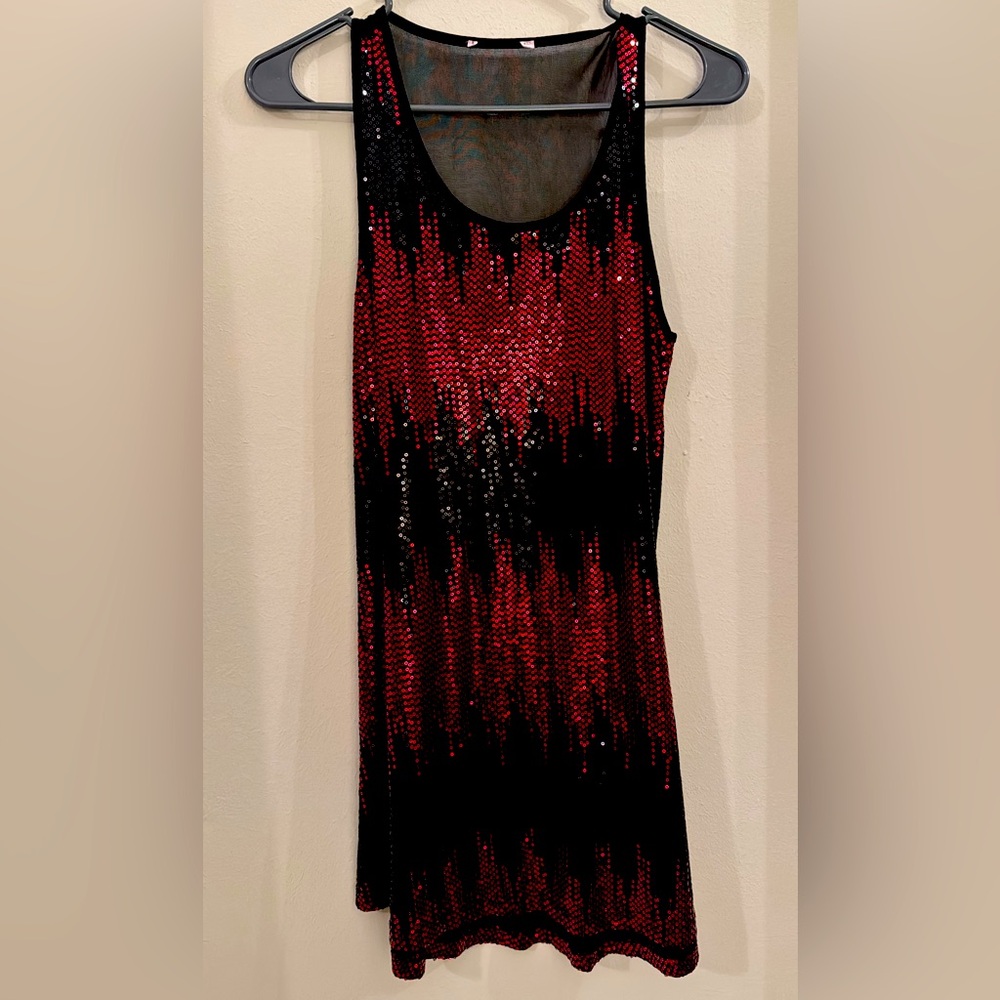 Red and black sequin mini dress with sheer back
